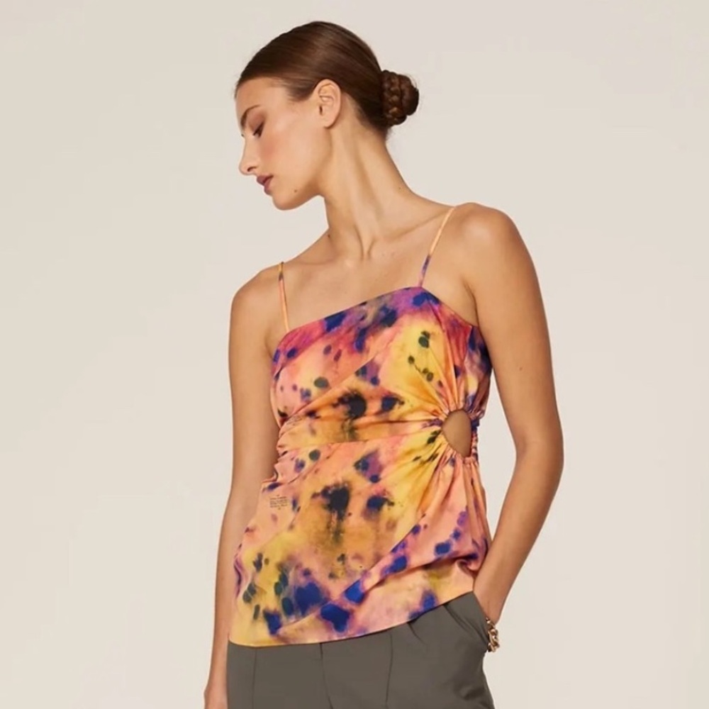 ROKH Gathered Waist Top in Tie Dye Orange Purple Multicolor Size EU 36 US XS